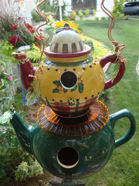 bird house out of metal tea pot onplate with spoon|Teapot Bird House .